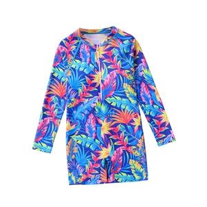 Long-sleeved one-piece kids swimsuit with tropical leaf print and front zipper