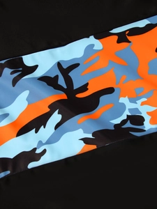 Detailed close-up of the camo webbing stitching on quick-dry boys' swimwear fabric