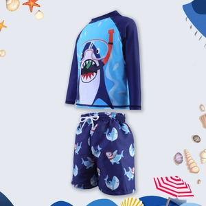 Maillot de bain deux pièces pour garçon à manches longues avec requin et short de bain