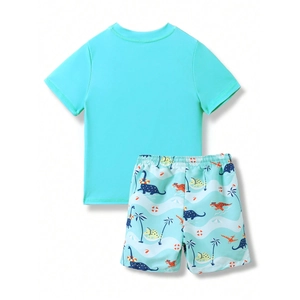 Two-piece boys' swimwear set featuring short sleeve blue top and cartoon dinosaur shorts