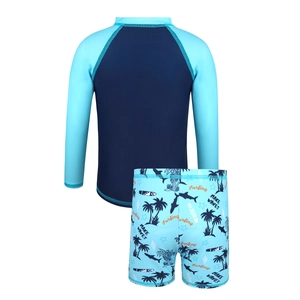 Zweiteiliger Jungen Langarm-UV-Badeanzug Set mit Hai- und Surfen-Themen-Drucken