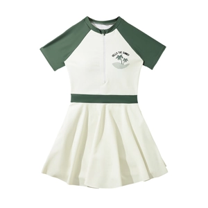 Traje de baño de dos piezas para niña con manga corta, cremallera y diseño de palmera