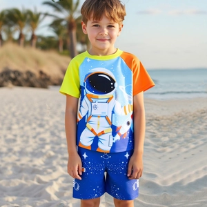 Maillot de Bain Garçon Dessin Animé Astronaute Imprimé Protection Solaire Séchage Rapide Haut Manches Courtes Et Short Et Bonnet