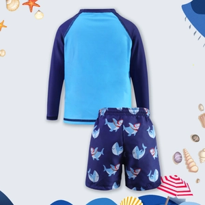 Ensemble de bain enfant manches longues avec short imprimé requin bleu anti-UV