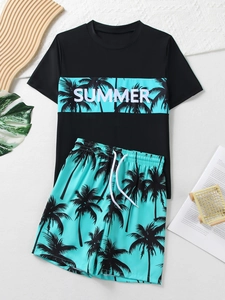 Costume da bagno due pezzi per bambini con stampe di palme nere e grafica estiva
