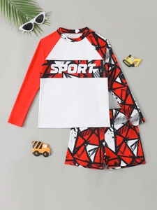 Flachbild von Jungen Langarm-Schwimmset mit geometrischem Muster und Sport-Logo-Druck