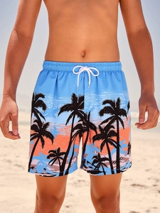 Détails du short de plage pour garçon avec imprimé cocotiers et cordon de serrage blanc