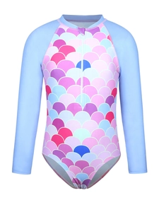 Close-up of girls mermaid swimsuit with colorful fish scale print and front zipper detail