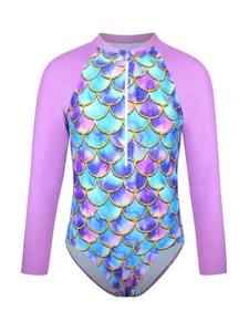Detail of girls' mermaid swimsuit featuring blue and purple fish scale print and zipper