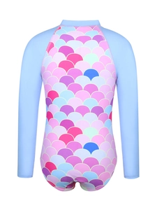 Close-up of pink and blue mermaid scale pattern on girls' long sleeve swimsuit