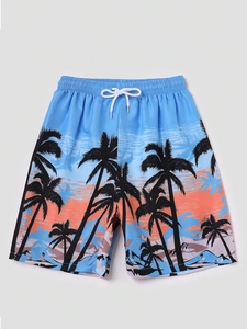 Détail de short de bain pour garçon à séchage rapide avec cordon de serrage et palmier