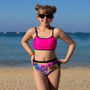 Girls bright pink two-piece swimsuit with graphic print shorts on a sunny summer beach