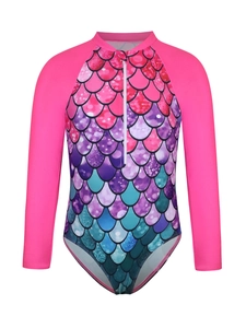Detail of mermaid scale pattern and front zipper on long sleeve girls' rash guard