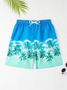 Detail des 3D-Palmenmusters und des weißen Kordelzugs an den Strandshorts für Jungen