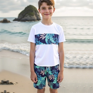 Boys Two Piece Swimsuit Tropical Palm Leaf Print Short Sleeve Rash Guard Top And Swim Trunks Set Quick Dry Kids Bathing Suit