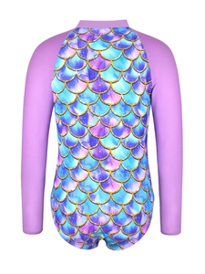Detail of the mermaid scale print and purple long sleeves on a girls' swimsuit