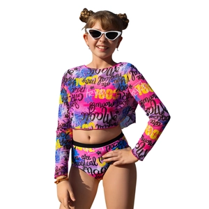 Girls long sleeve two-piece swimsuit with vibrant graffiti print and crop top style