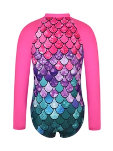 Detail of girls' mermaid scale long sleeve swimsuit with zipper and quick-dry fabric
