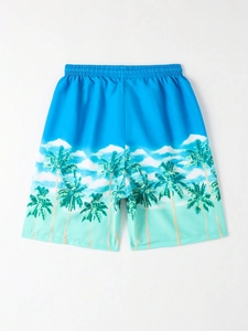 Detail der blau-grünen Farbverlauf-Badeshorts mit Gummibund und Palmen-Druckmuster