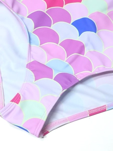 Detailed view of mermaid scale print fabric and high-quality stitching on kids swimwear