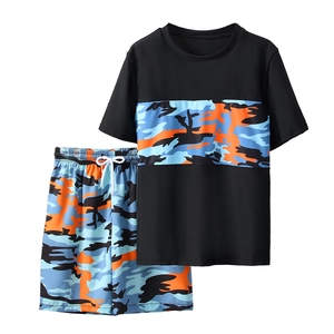 Boys two-piece quick-dry swimwear set with camouflage print and short sleeves
