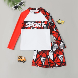 Jungen Langarm-Badeanzug-Set mit SPORT-Aufdruck und geometrischem rot-weißem Muster