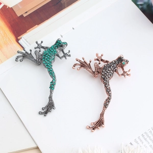 Antique copper frog brooches with sparkling rhinestones in green and grey color options