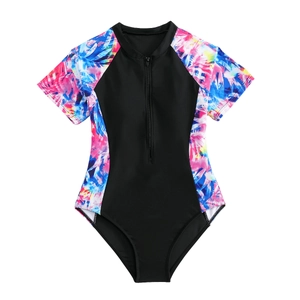 Girls one-piece zip swimsuit with black body and tropical floral leaf print sleeves