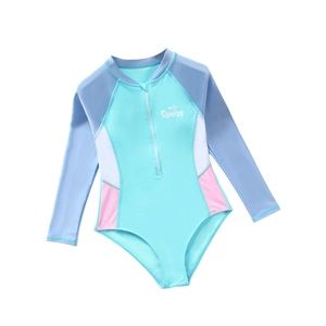 Girls long sleeve one-piece swimsuit in blue and purple patchwork with Summer print