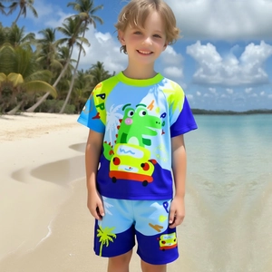 Boys Kids 3 Piece Swimwear Set Short Sleeve Rashguard Swim Shorts And Hat Cartoon Crocodile Print Quick Dry Summer Beach Bathing Suit