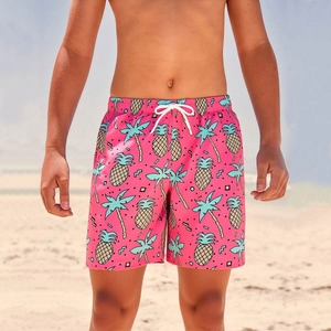 Kids Boys Beach Shorts Pink Pineapple Coconut Tree Print Quick Dry Summer Swim Shorts With Elastic Waist Drawstring