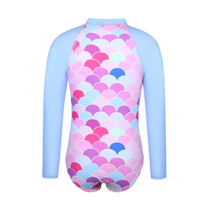 Girl's long sleeve one-piece swimsuit featuring a colorful mermaid scale pattern back