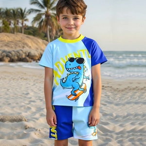 Costume da Bagno da Ragazzo con Dinosauro Cartoon Top E Pantaloni E Cappello Asciugatura Rapida Protezione Solare Traspirante Spiaggia Piscina Avventura