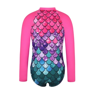 Girls long sleeve one piece swimsuit with pink purple mermaid scale pattern on white background