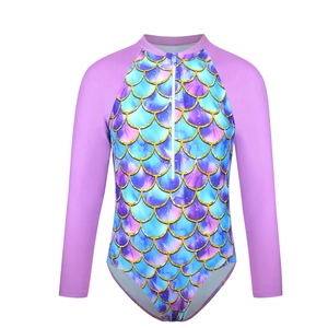 Kids long sleeve one-piece swimsuit with mermaid scale print and front zipper