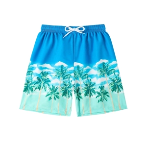 Gradient blaue und grüne Kinder-Badeshorts mit tropischen Palmen und 3D-Digitaldruck