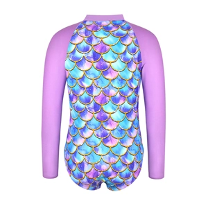 Kids long sleeve mermaid swimsuit with purple scale print and sun protection