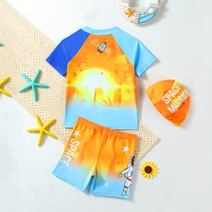 Completo da nuoto per bambini in 3 pezzi con stampe spaziali blu, asciugatura rapida