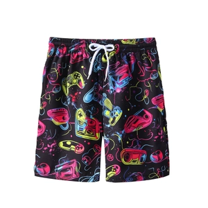 Quick-dry boys beach shorts with neon gaming controller print and drawstring waist