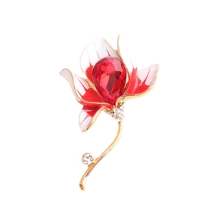 Flower brooch with red teardrop crystal and colorful enamel petals in gold plating