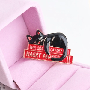 Creative Black Cat On Red Books Enamel Brooch Pin Funny Literary Pun Harry Pawter Alloy Lapel Pin For Women Men Gift