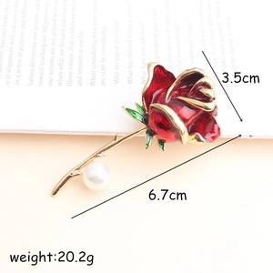 Elegant red enamel rose brooch with white pearl detail and gold stem, size 6.7x3.5cm