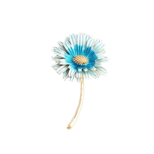 Elegant white and blue enamel daisy flower brooch pin with gold stem for women