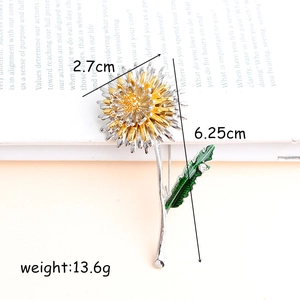 Elegant gold and silver dandelion flower brooch with green leaf for suits and sweaters