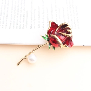 Elegant Alloy Enamel Rose Flower Brooch With White Artificial Pearl Vintage Floral Pin For Women Party Banquet Wedding Jewelry Gift
