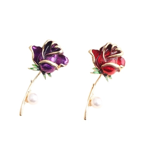 Elegant rose flower brooches with purple and red enamel petals and white pearl accent