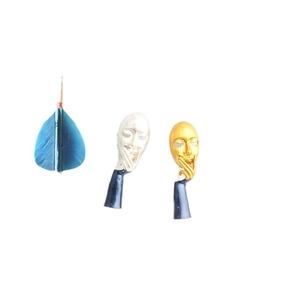 Artistic face masks and blue feather enamel brooch set in gold and silver plating