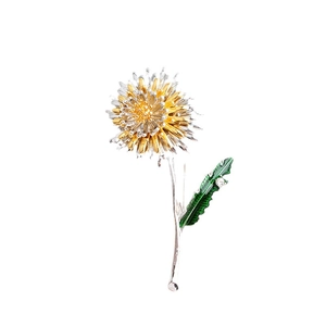 Minimalist dandelion brooch in gold and silver finish with green leaf and rhinestone