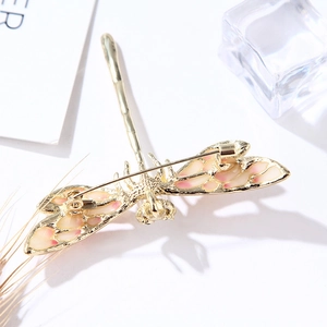 Pink and white enamel dragonfly brooch and pendant dual-use pin with gold finish