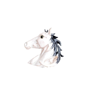 Elegant vintage horse head brooch with white enamel and black mane details